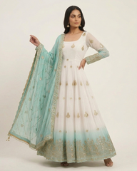 White & Seafoam Green Ombré Anarkali Gown with Gold Zari Embroidery