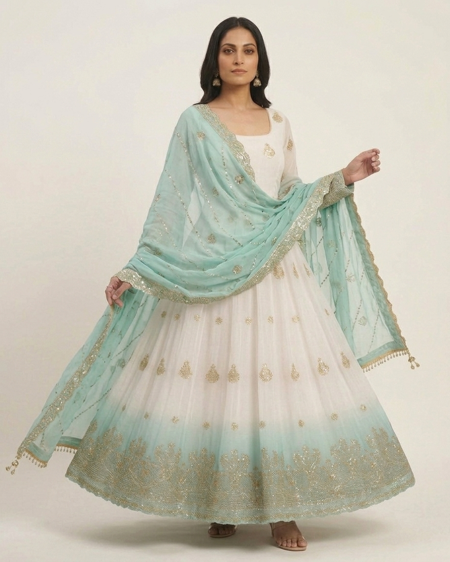 White & Seafoam Green Ombré Anarkali Gown with Gold Zari Embroidery