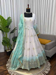 White & Seafoam Green Ombré Anarkali Gown with Gold Zari Embroidery