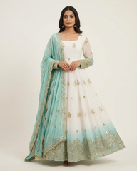 White & Seafoam Green Ombré Anarkali Gown with Gold Zari Embroidery