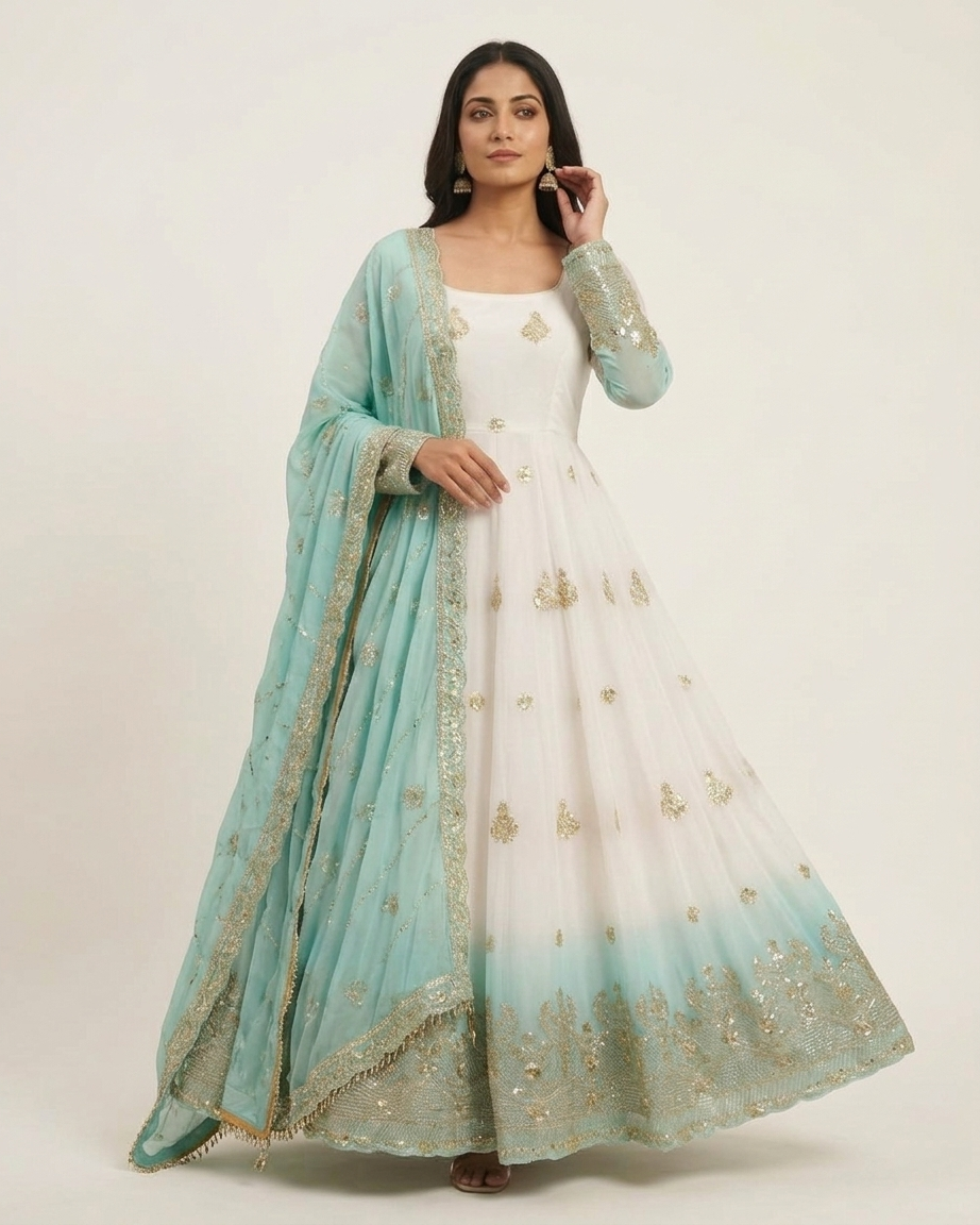 White & Seafoam Green Ombré Anarkali Gown with Gold Zari Embroidery