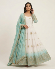White & Seafoam Green Ombré Anarkali Gown with Gold Zari Embroidery