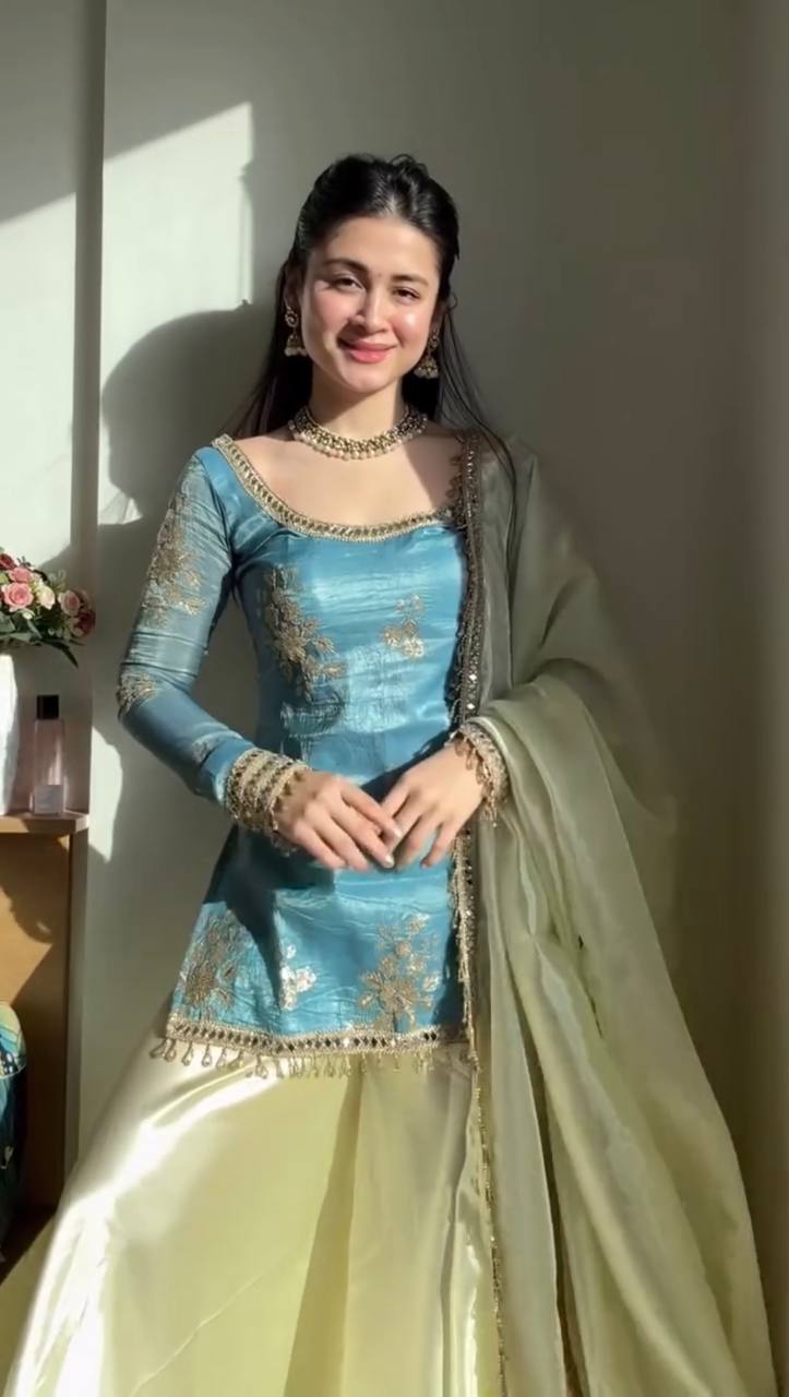 Teal Blue Embroidered Kurti with Lemon Yellow Sharara & Mirror Work Dupatta