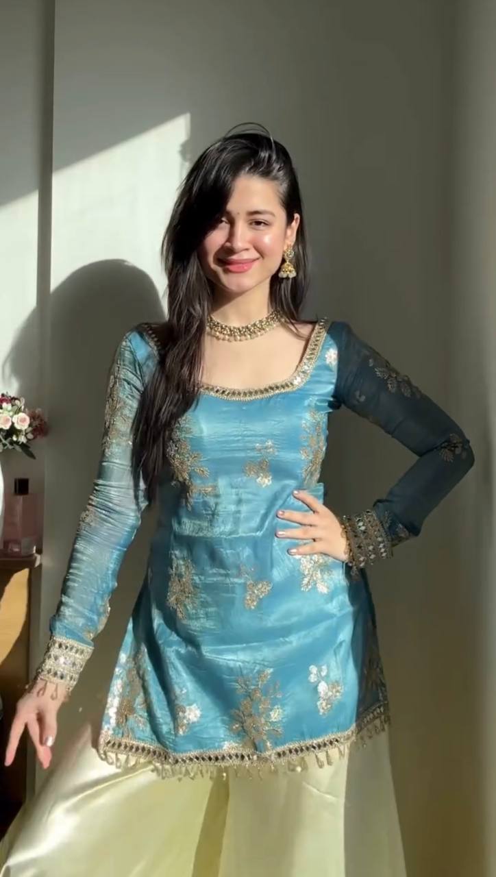 Teal Blue Embroidered Kurti with Lemon Yellow Sharara & Mirror Work Dupatta