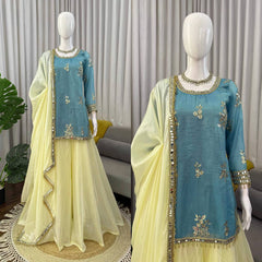 Teal Blue Embroidered Kurti with Lemon Yellow Sharara & Mirror Work Dupatta