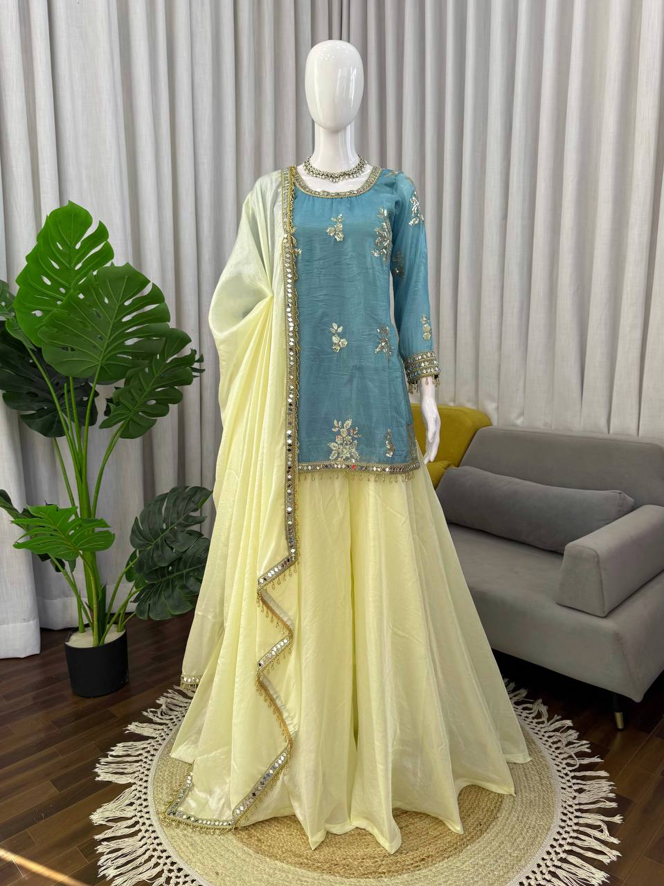 Teal Blue Embroidered Kurti with Lemon Yellow Sharara & Mirror Work Dupatta