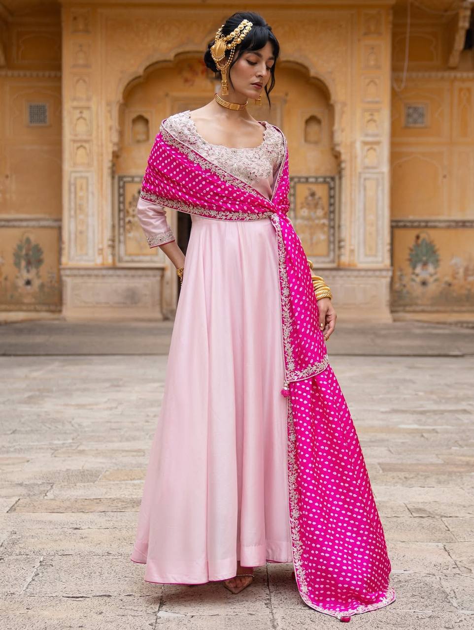 Blush Pink Embroidered Anarkali Gown with Hot Pink Bandhani Dupatta