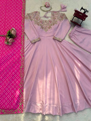 Blush Pink Embroidered Anarkali Gown with Hot Pink Bandhani Dupatta