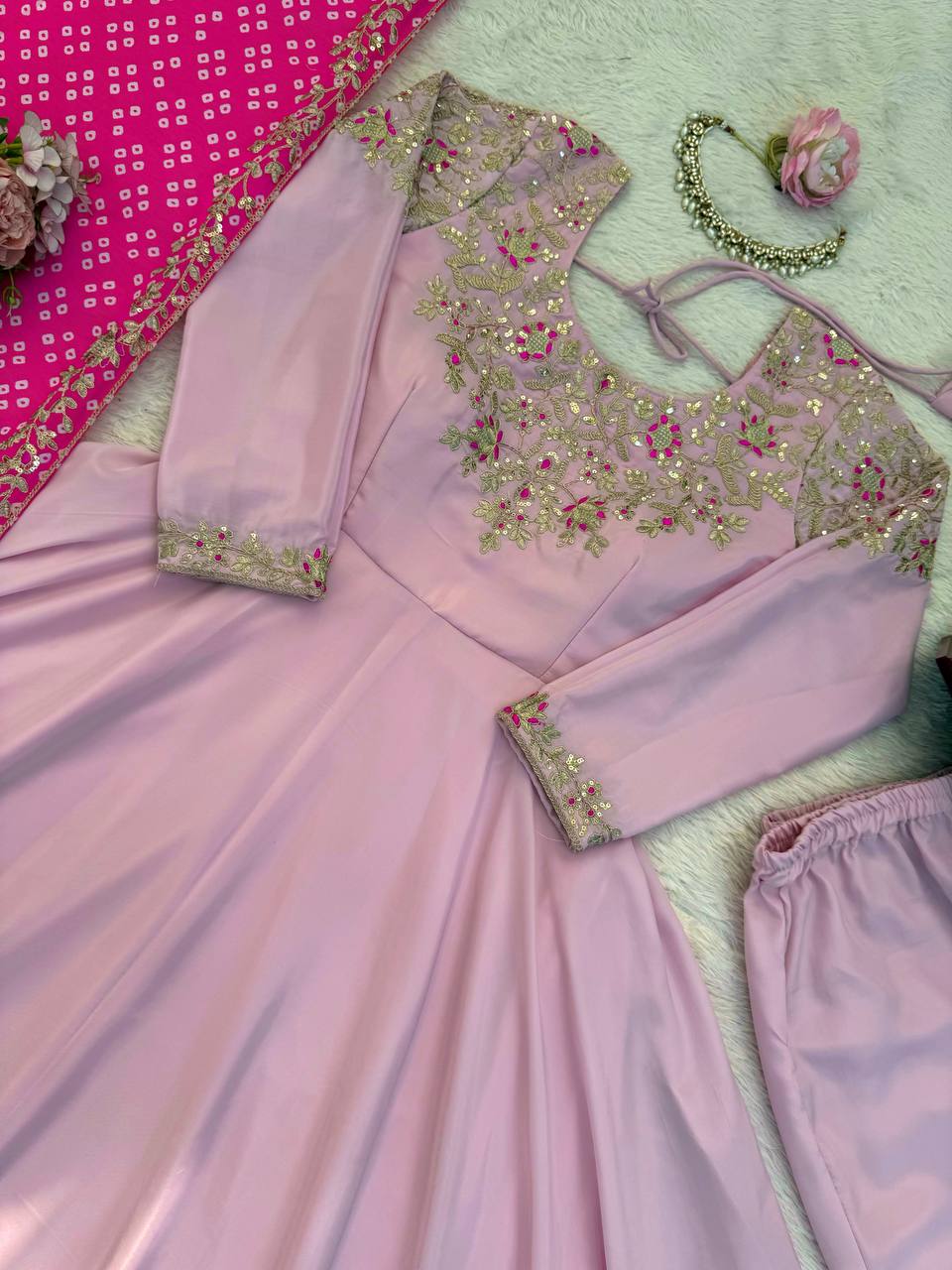Blush Pink Embroidered Anarkali Gown with Hot Pink Bandhani Dupatta