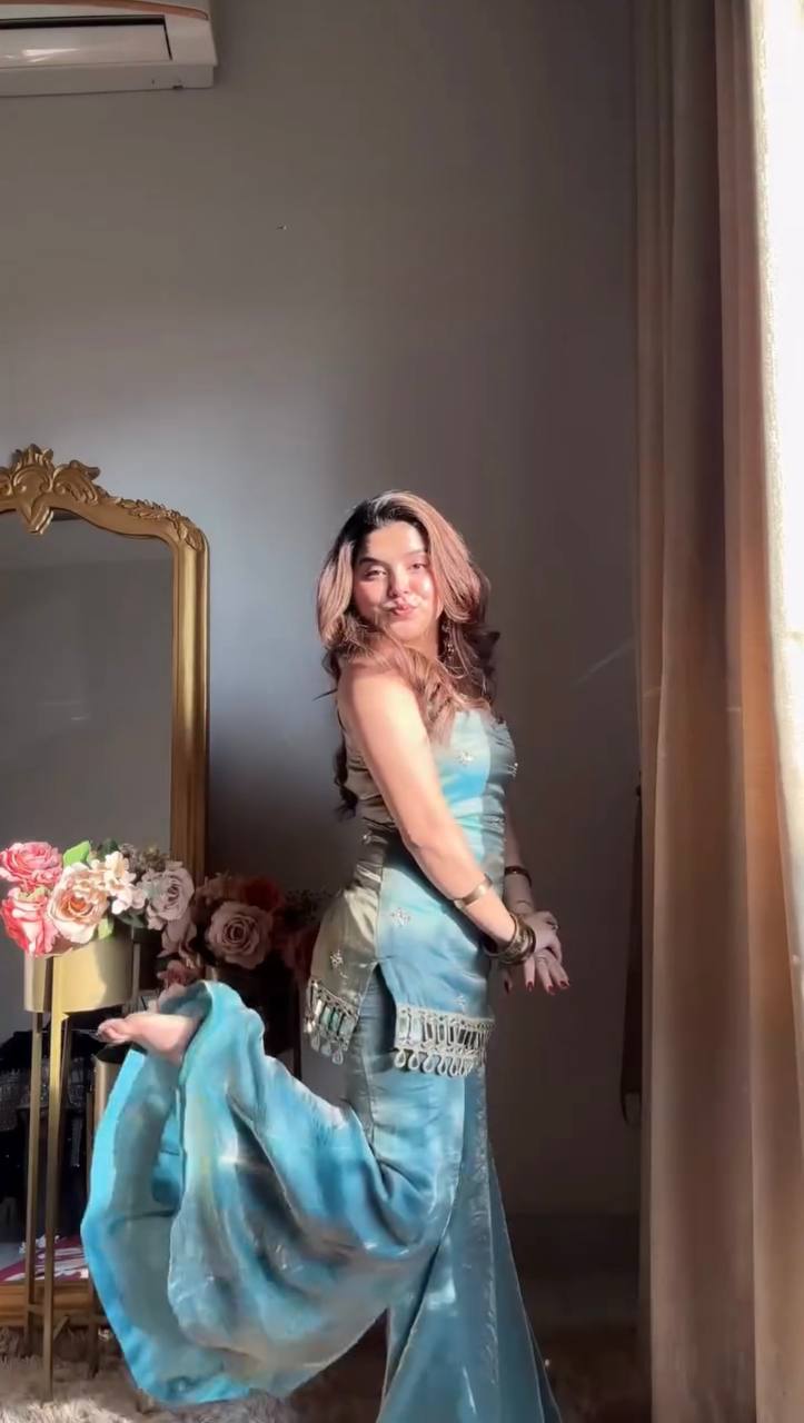 Teal Blue Spaghetti Strap Sharara Set with Mirror Work Fringe & Corset Back