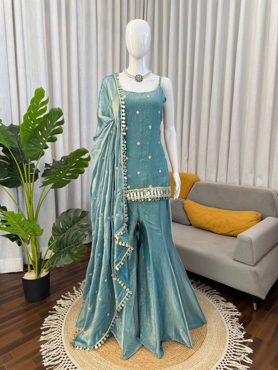 Teal Blue Spaghetti Strap Sharara Set with Mirror Work Fringe & Corset Back