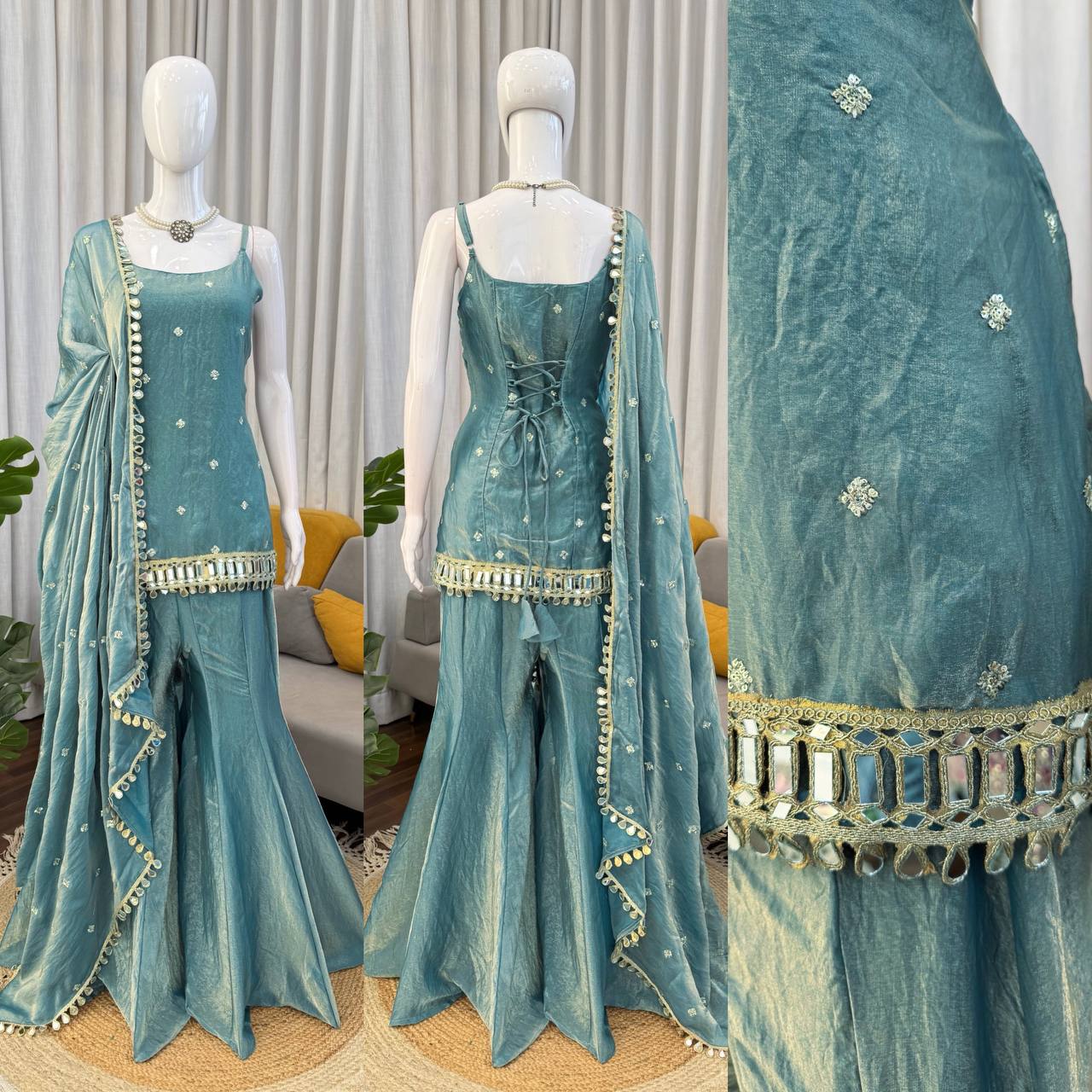 Teal Blue Spaghetti Strap Sharara Set with Mirror Work Fringe & Corset Back