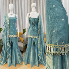 Teal Blue Spaghetti Strap Sharara Set with Mirror Work Fringe & Corset Back