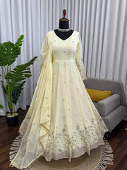 Elegant Cream Embroidered Anarkali Gown with Floral Zari Work & Matching Dupatta