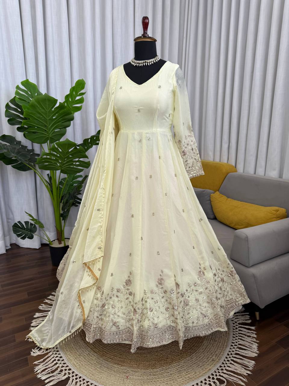 Elegant Cream Embroidered Anarkali Gown with Floral Zari Work & Matching Dupatta