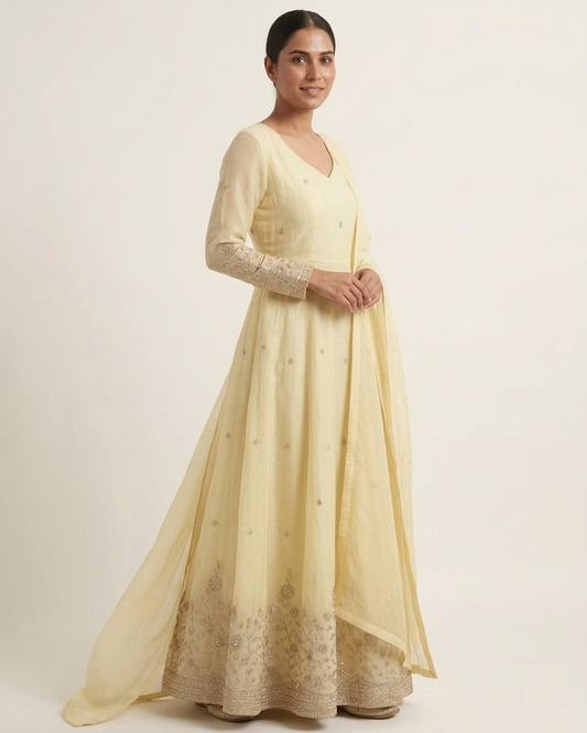 Elegant Cream Embroidered Anarkali Gown with Floral Zari Work & Matching Dupatta