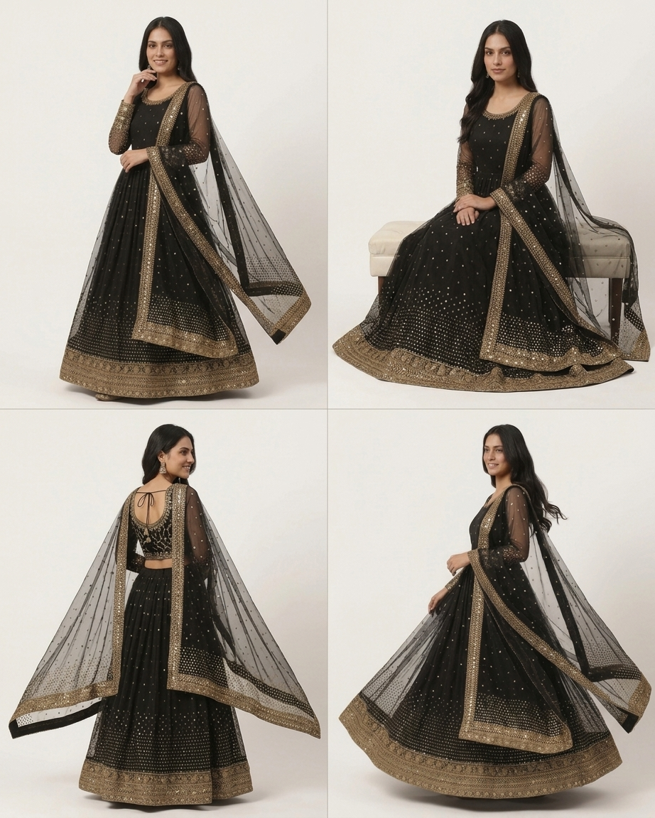 Elegant Black Sequinned Net Anarkali Gown with Heavy Gold Embroidery