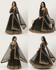 Elegant Black Sequinned Net Anarkali Gown with Heavy Gold Embroidery