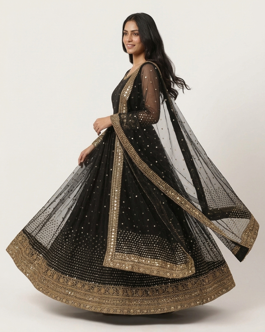 Elegant Black Sequinned Net Anarkali Gown with Heavy Gold Embroidery