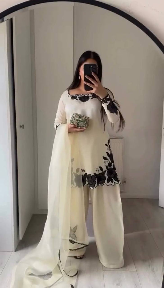 Elegant White Floral Embroidered Kurta Palazzo Set