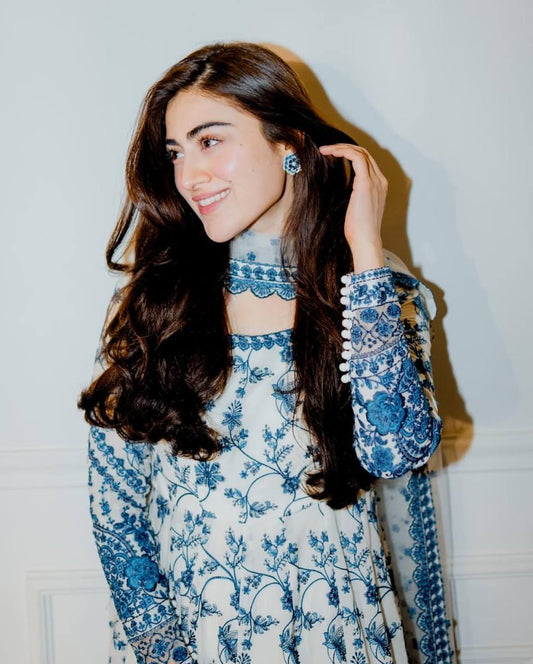 Designer Blue Embroidered Anarkali Set