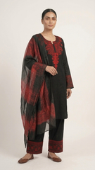 Elegant Black & Crimson Red Embroidered Salwar Kameez Set with Floral Organza Dupatta