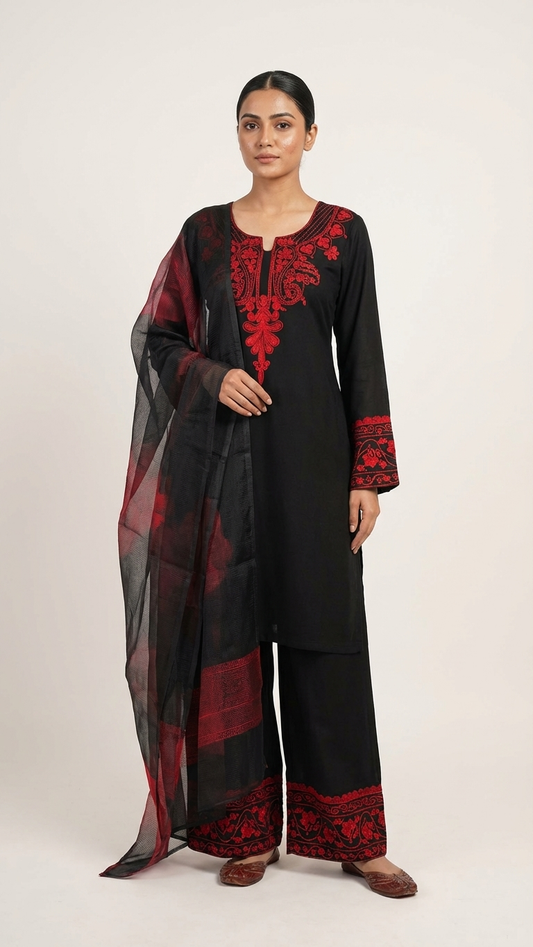 Elegant Black & Crimson Red Embroidered Salwar Kameez Set with Floral Organza Dupatta