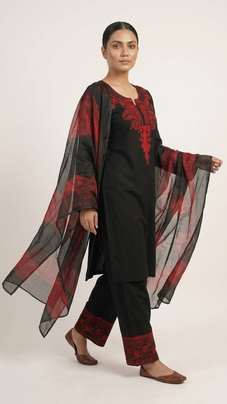 Elegant Black & Crimson Red Embroidered Salwar Kameez Set with Floral Organza Dupatta