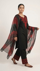 Elegant Black & Crimson Red Embroidered Salwar Kameez Set with Floral Organza Dupatta