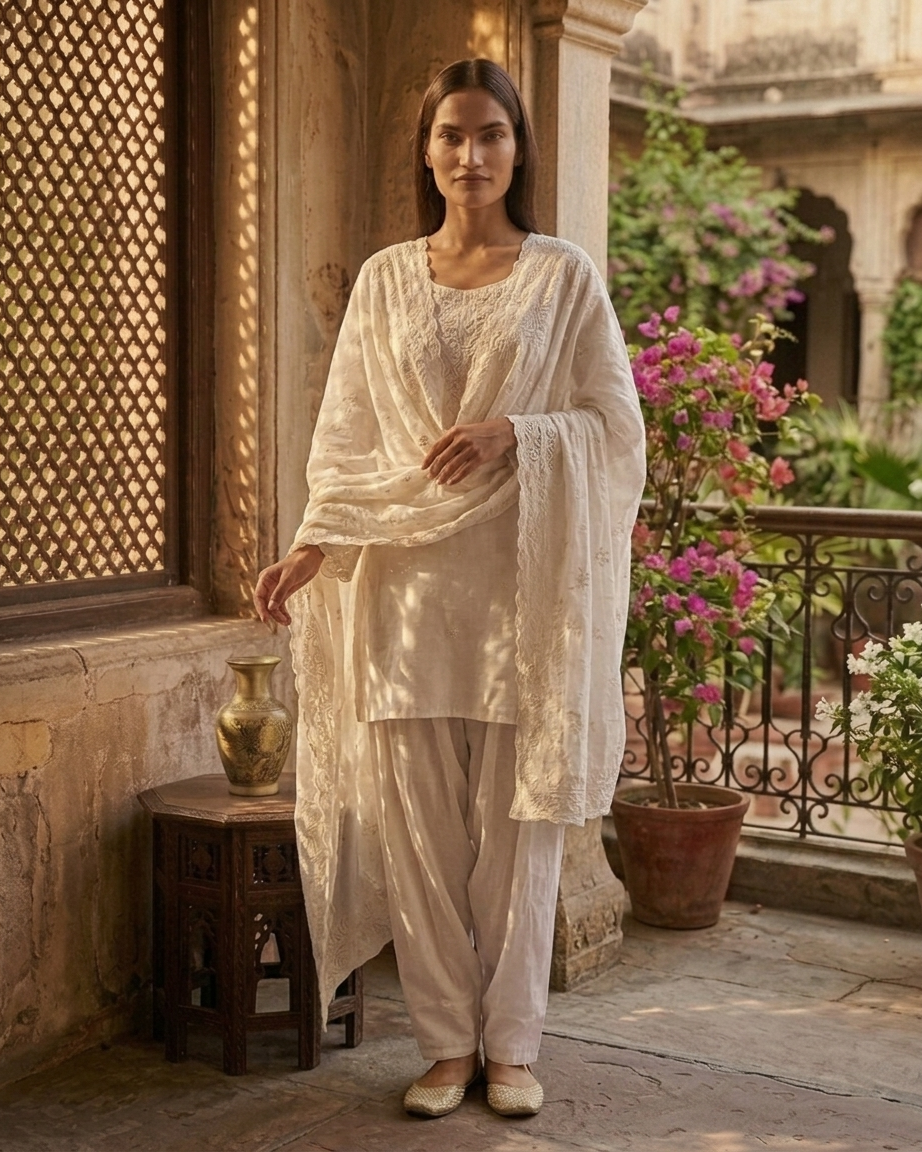 Elegant White Cutwork Embroidered Salwar Kameez - 3 Piece Chikankari Style Suit
