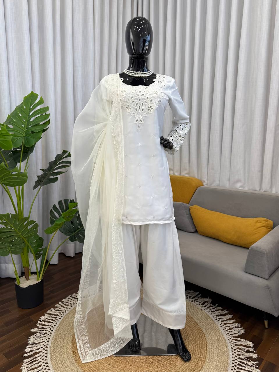 Elegant White Cutwork Embroidered Salwar Kameez - 3 Piece Chikankari Style Suit