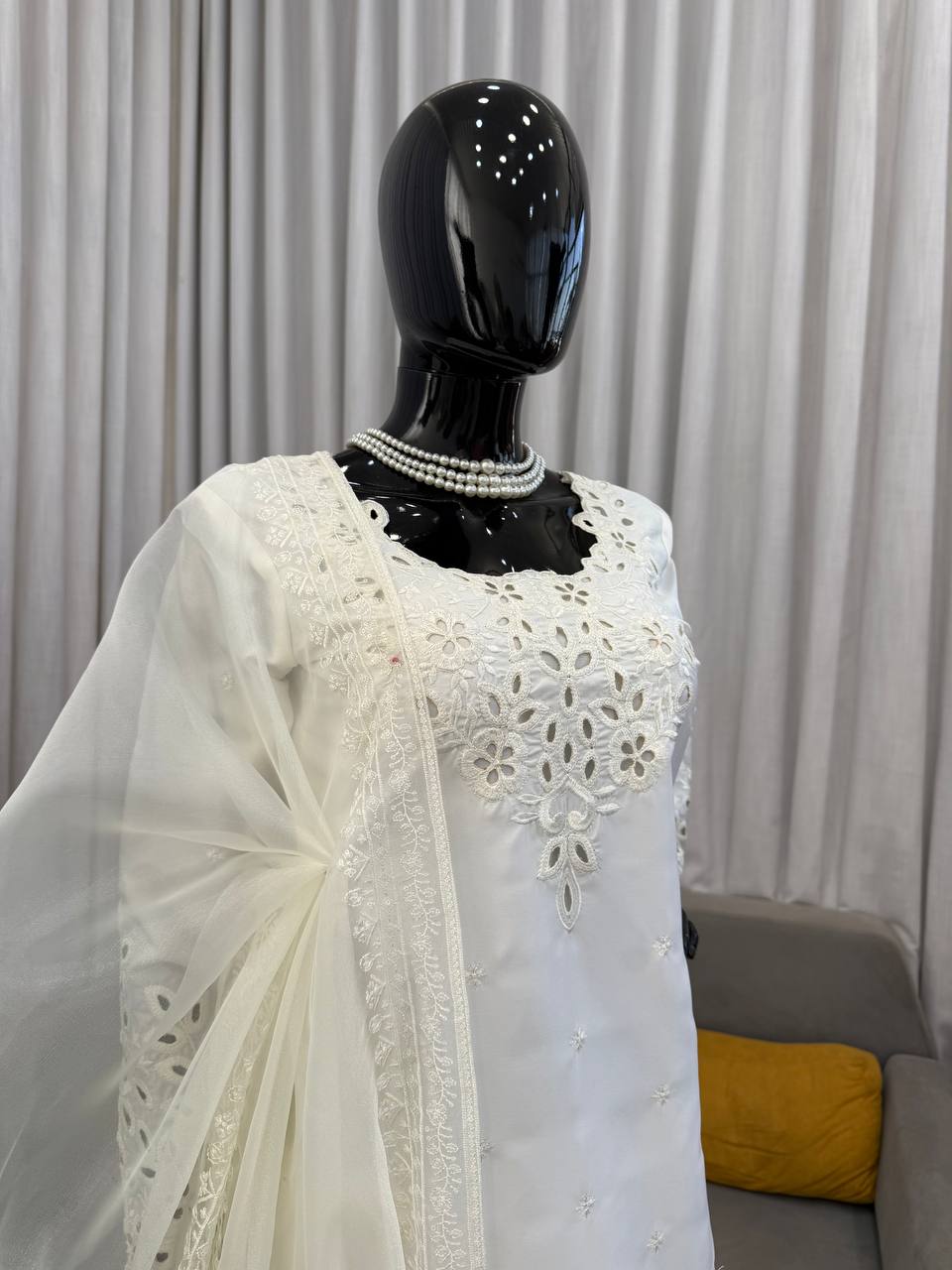 Elegant White Cutwork Embroidered Salwar Kameez - 3 Piece Chikankari Style Suit