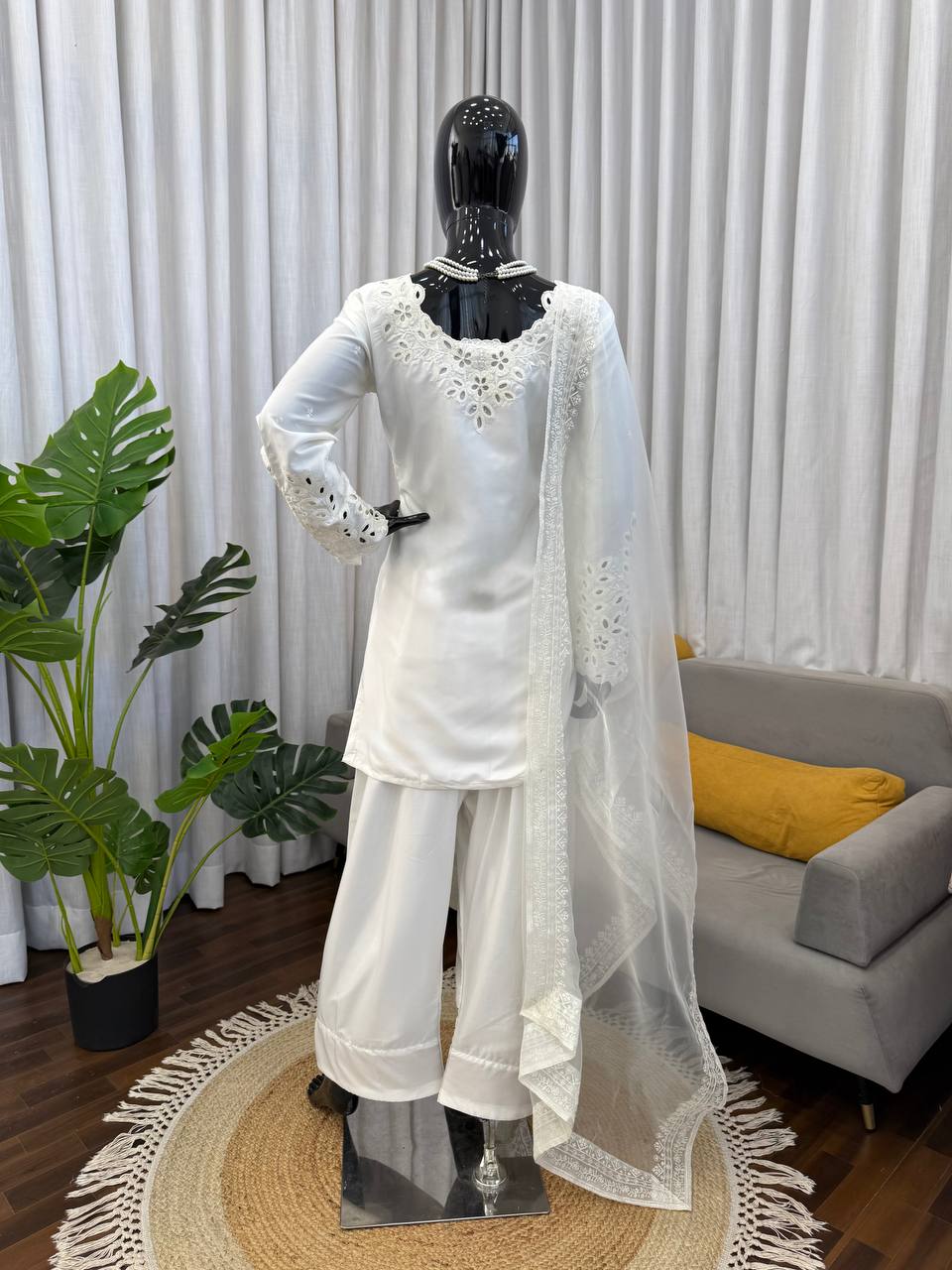 Elegant White Cutwork Embroidered Salwar Kameez - 3 Piece Chikankari Style Suit