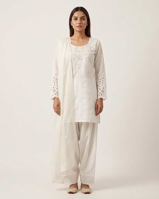 Elegant White Cutwork Embroidered Salwar Kameez - 3 Piece Chikankari Style Suit