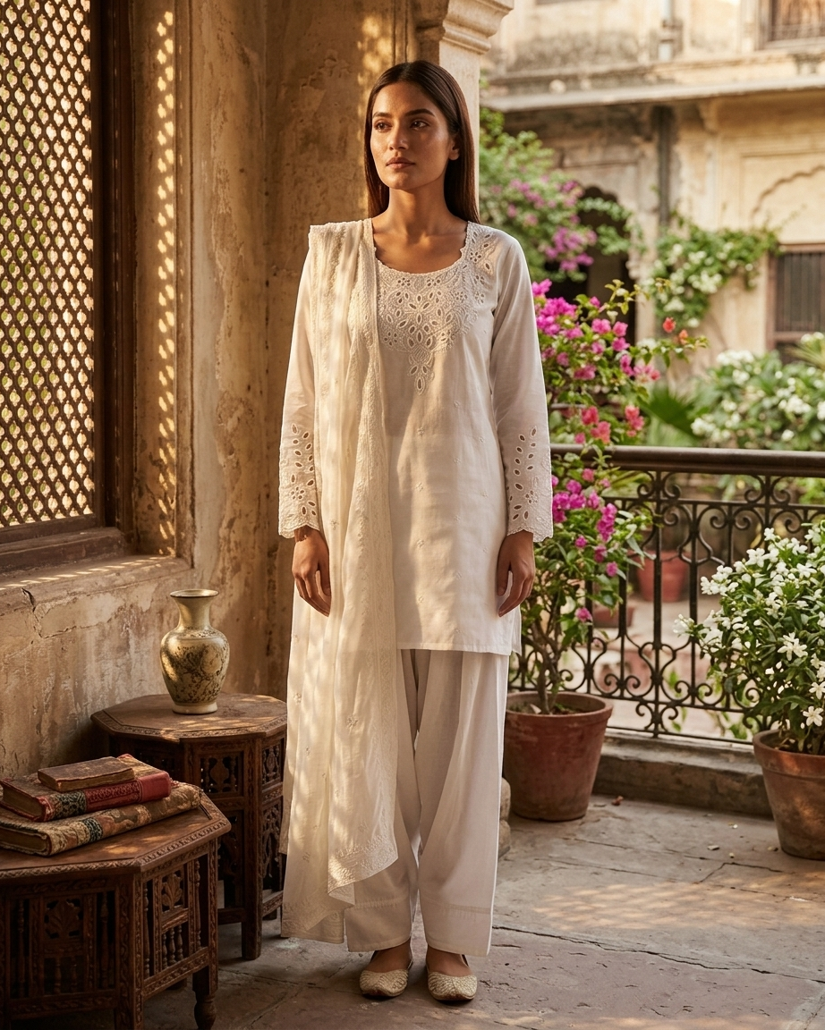 Elegant White Cutwork Embroidered Salwar Kameez - 3 Piece Chikankari Style Suit