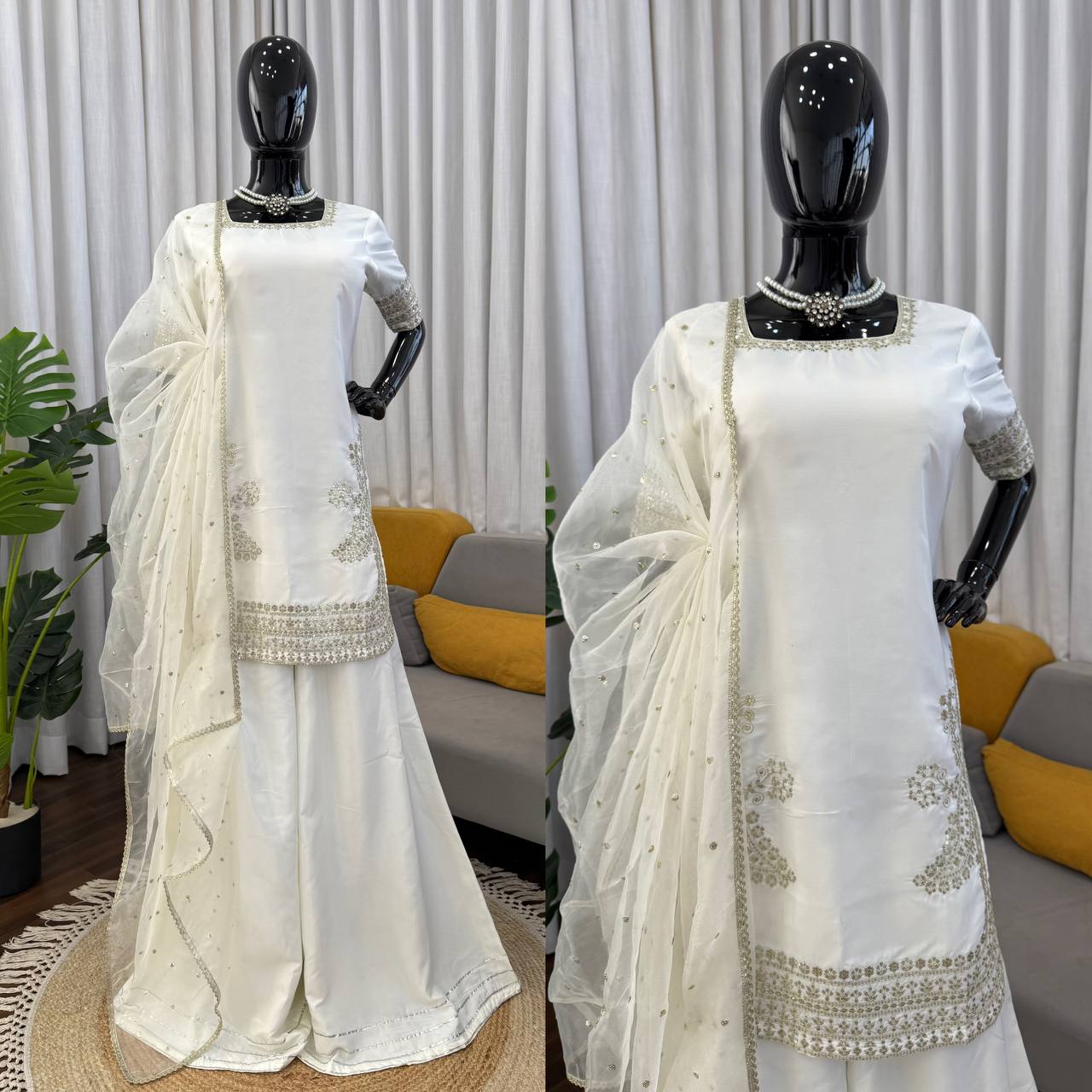Ivory White Embroidered Sharara Set with Sequin Work & Organza Dupatta
