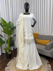 Ivory White Embroidered Sharara Set with Sequin Work & Organza Dupatta