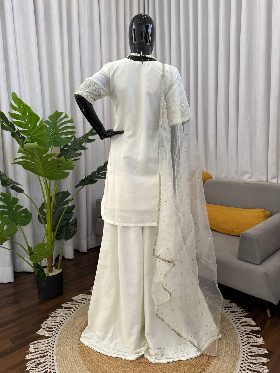 Ivory White Embroidered Sharara Set with Sequin Work & Organza Dupatta