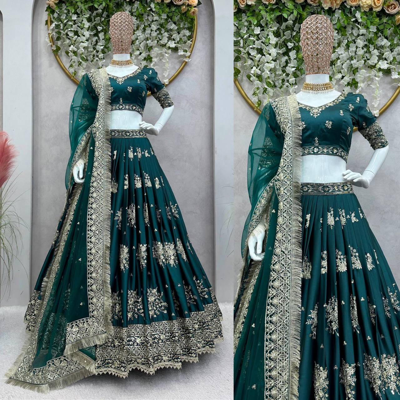 Royal Emerald Green Silk Lehenga with Intricate Gold Floral Embroidery