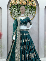 Royal Emerald Green Silk Lehenga with Intricate Gold Floral Embroidery