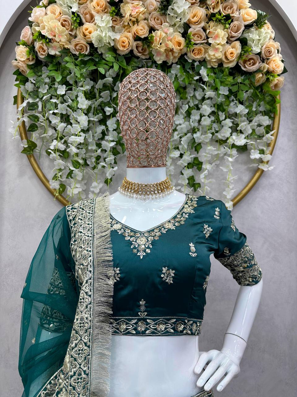 Royal Emerald Green Silk Lehenga with Intricate Gold Floral Embroidery