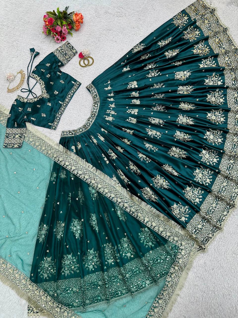 Royal Emerald Green Silk Lehenga with Intricate Gold Floral Embroidery
