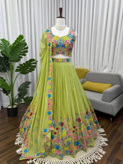 Vibrant Lime Green Pleated Lehenga with Multi-Color Floral Embroidery