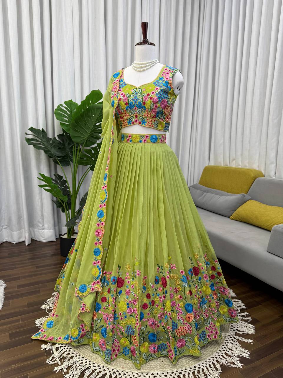 Vibrant Lime Green Pleated Lehenga with Multi-Color Floral Embroidery