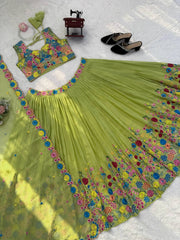 Vibrant Lime Green Pleated Lehenga with Multi-Color Floral Embroidery