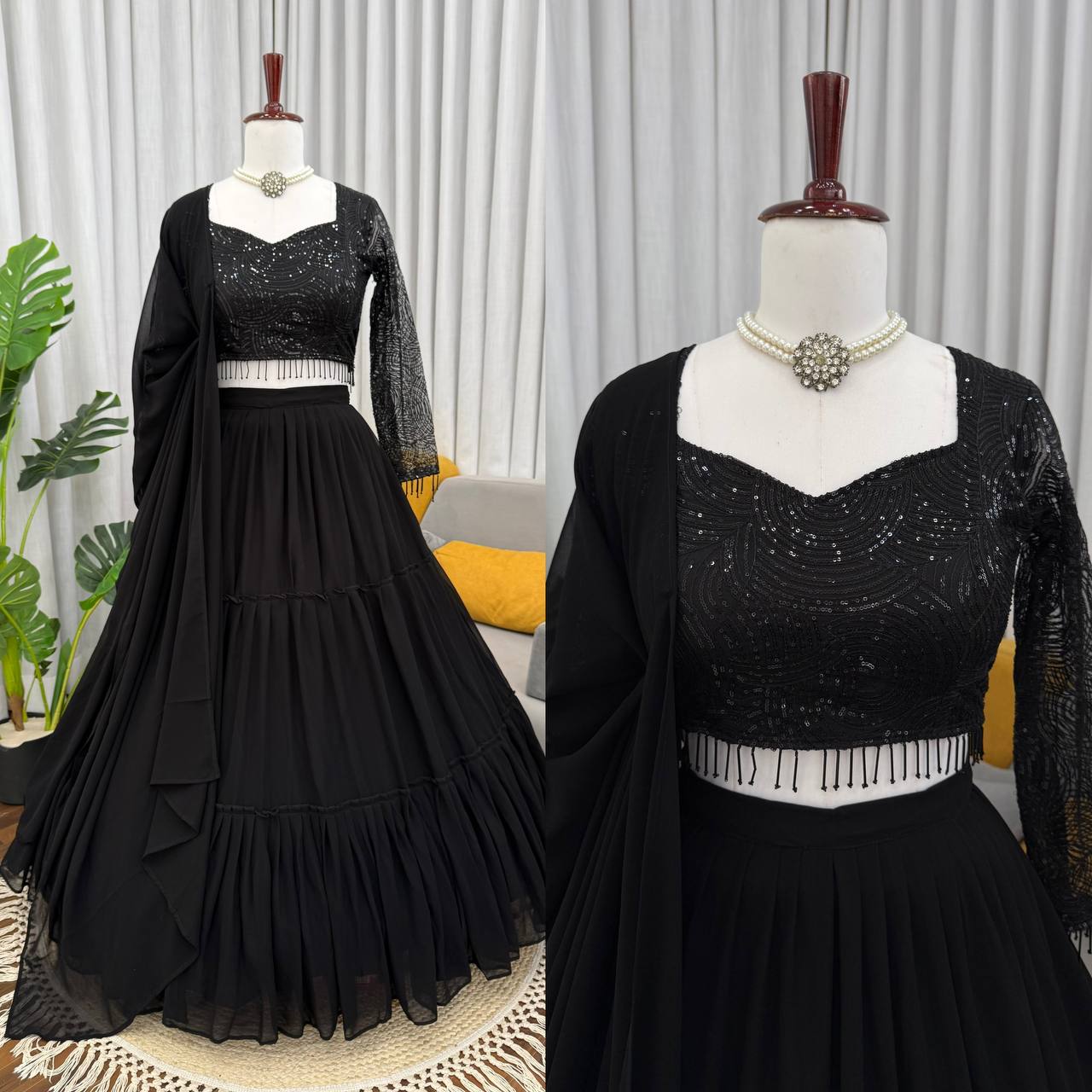 Ebony Black Floral Embroidered Lehenga Choli with Sequin Highlights