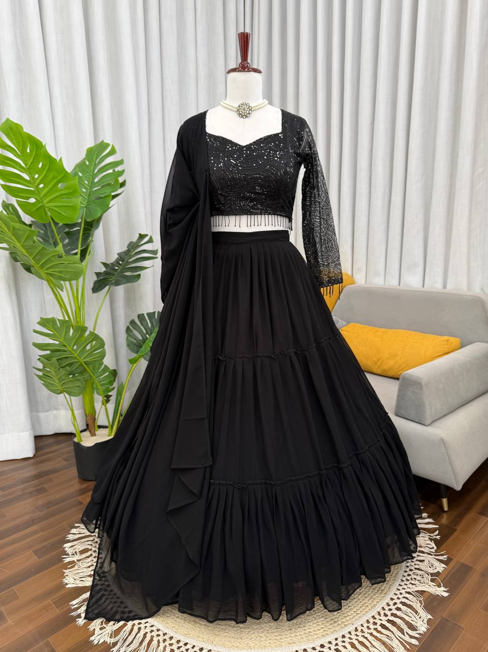 Ebony Black Floral Embroidered Lehenga Choli with Sequin Highlights