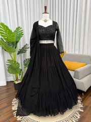 Ebony Black Floral Embroidered Lehenga Choli with Sequin Highlights