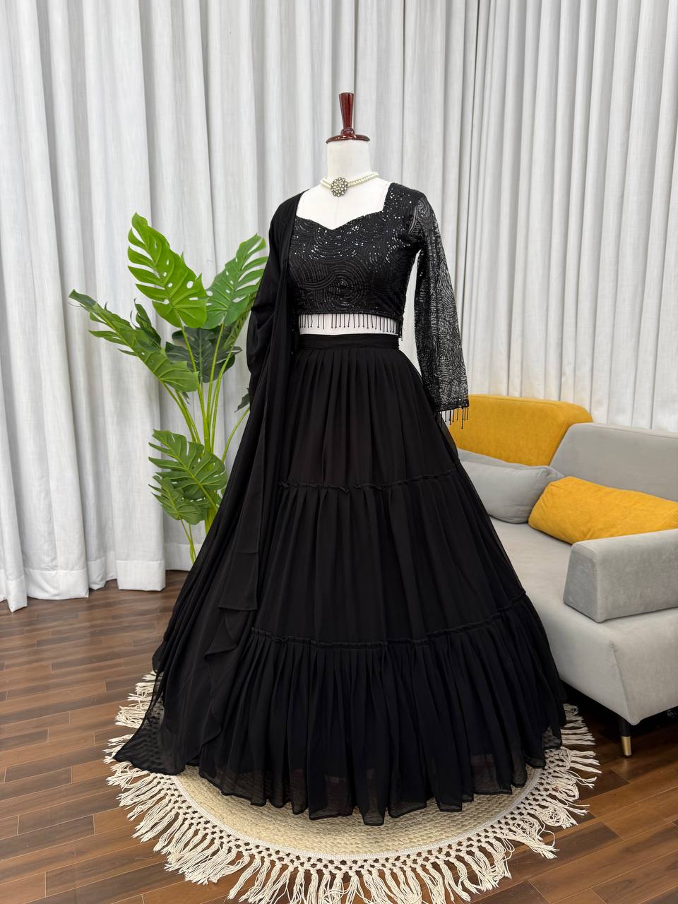 Ebony Black Floral Embroidered Lehenga Choli with Sequin Highlights