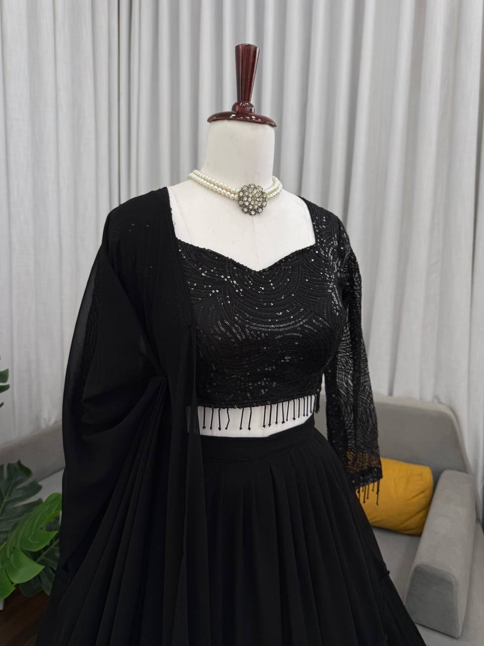 Ebony Black Floral Embroidered Lehenga Choli with Sequin Highlights